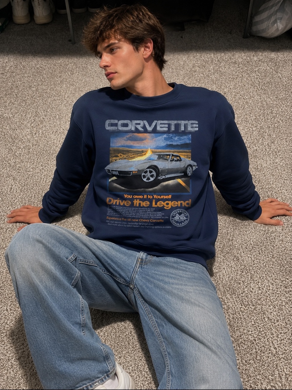 Chevrolet Corvette Drive the Legend Graphic Sweatshirt XL NWT Navy Crewneck